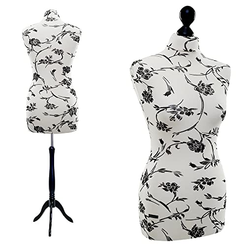 LUCCESI Schneiderpuppe | Damen Größe/Size: von 34/36 bis 44/46 | Schneiderbüste L (40-42) | Bezug Creme/florales Muster (schwarz) | Standfuss schwarz