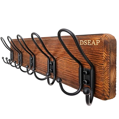Dseap Garderobe - Stabil Vintage - Garderobenleiste Holz in Landhausstil, Rustikale Hakenleiste, Garderobenhaken Wand, Kleiderhaken mit 5 Draht-Haken Doppelt, J15A, Rustikales Braun