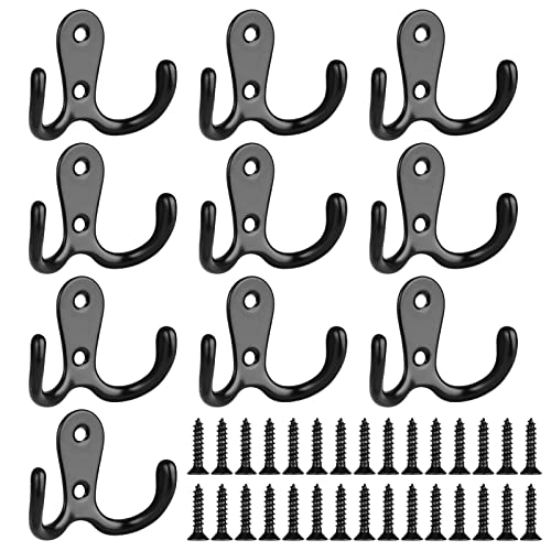 BOOHO 10 Stück kleiderhaken, Wandhaken Retro Haken Garderobenhaken Vintage Metall Doppelhaken Wandhaken, Kleiderhaken Wand mit 30 Stück Schrauben für Mäntel, Handtücher, Rucksack, Hut (Schwarz)