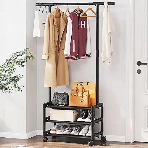 Bawgwgwy Kleiderständer auf Rollen, Stabiler Mobile Garderobenständer aus Metall mit 3 Ablagen und Kleiderstange, Einfach zu Montieren, für Eingang Gang, Schwarz 56x35x165cm