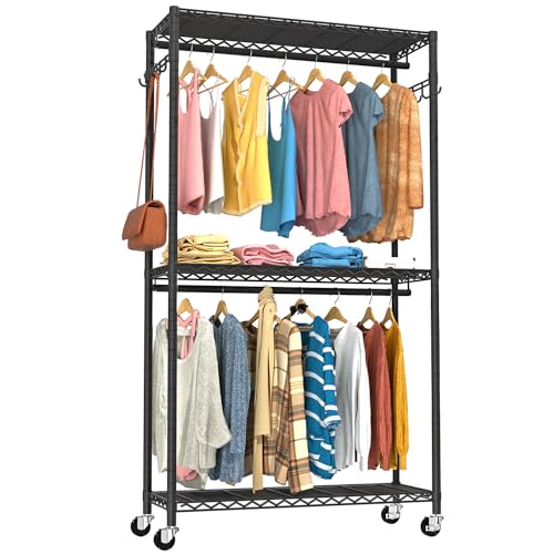 VyGrow Kleiderständer,zum Aufhängen von Kleidung, 3 Ebenen, verstellbarer Kleiderständer mit Rollen, Doppelstangen, Seitenhaken, strapazierfähig, Belastung 200 kg, 90 cm L x 39,9 cm B