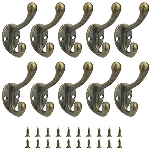 RMENOOR 10 Stück Vintage Kleiderhaken Garderobenhaken Retro Wandhaken Antike Legierung Doppelwandhaken Schlüsselhaken mit Schrauben für Schlüssel, Taschen, Handtücher（ Bronze）