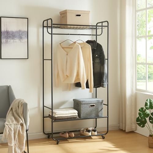 [en.casa] Kleiderständer rollbar Vestvågøy Garderobenständer auf Rollen mit Kleiderstange 176 x 90 x 40 cm Flurgarderobe mit 3 Gitterablagen Metall Schwarz