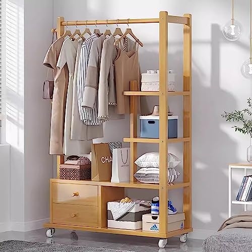 Lounka Kleiderständer mit Stauraum - Stabiles Metallgestell,Rollbarer Kleiderständer auf Rollen mit Schublade - 100x29x155cm - Bambus Kleiderständer zum Aufhängen von Kleidung