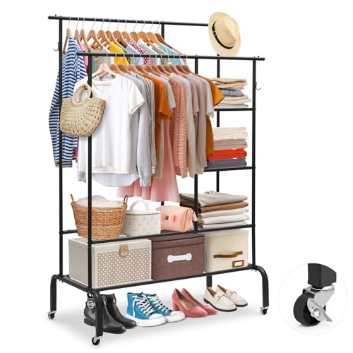 HAUSPROFI Schwerlast Kleiderständer auf Rollen, Doppel-Kleiderstange mit 3 Ablagen & Haken, Stabile Rollgarderobe aus Metall, Schwarz