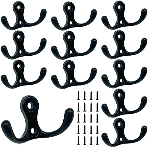 EMERSONGEARS Kleiderhaken Wandhaken Schwarz, 12 Stück Garderobenhaken Vintage Wandhaken Schwerlast Doppelhaken Matt Garderobe Haken für Bad Küche Garage Büro mit Schrauben