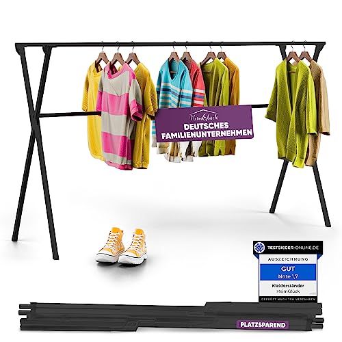 HeimGlück Kleiderständer/Wäscheständer + Tasche Moritz schwarz [Ausziehbar 1.30-2.0m, klappbar, sehr Stabil Edelstahl] Kleiderstange, Garderoben-Ständer, Flurgarderobe, offener Kleiderschrank