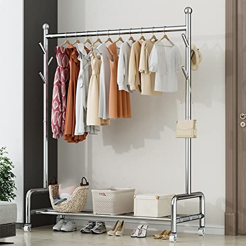 Rollbarer Kleiderständer aus Edelstahl, für den Einzelhandel, mobiler Kleiderständer für den Laden, robuster Boden-Kleiderbügel mit Rollen