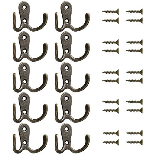 Mokife 10 Stück Kleiderhaken Vintage Bronze, Kleine Wandhaken Retro Doppelt Garderobenhaken für Schlafzimmer Bad Küche Büro