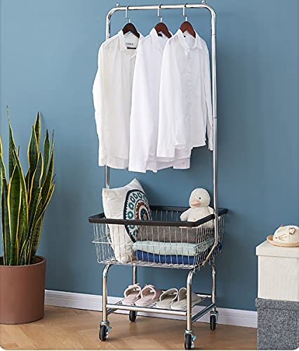 FKKPRVAX Kleiderstange Metall Kleiderständer mit Rädern,Boden Kleiderstange mit Korb,Kleiderständer auf Rädern für Schlafzimmer Garderobe,Höhe 180cm