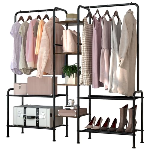 Yorbay Kleiderständer Garderobenständer, 172 x 40 x 172 cm, Verstellbarer Garderobe mit Kleiderstange, Regal und Schuhablage, Robuster offener Kleiderschran, Holz und Stahl