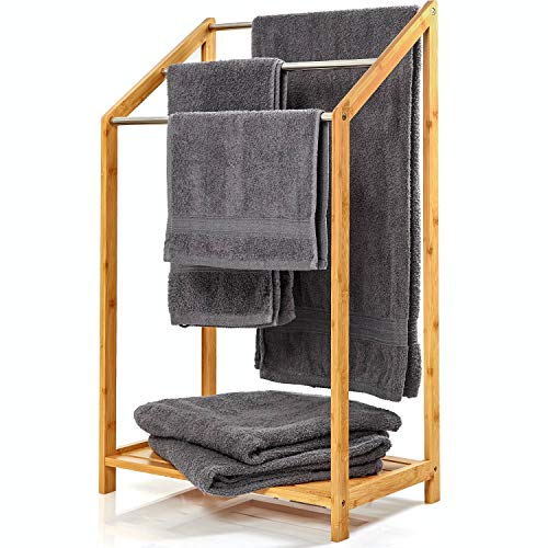 bambuswald© Handtuchhalter mit 3 Streben aus Metall | freistehende Handtuchablage ca. 85x51x31cm Bambus | Handtuchständer Badaccessoire Handtuchstangen Handtuchtrockner Handtücher Badezimmer