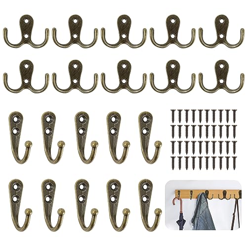 Yuechenggui 20 Stück Kleiderhaken Wand Doppelhaken Vintage Wandhaken Garderobenhaken Bronze Hakenset mit Schrauben Kleiderhacken Handtuch Häkchen Jackenhaken für Tür,Schränke, Küche, Büro Huthaken