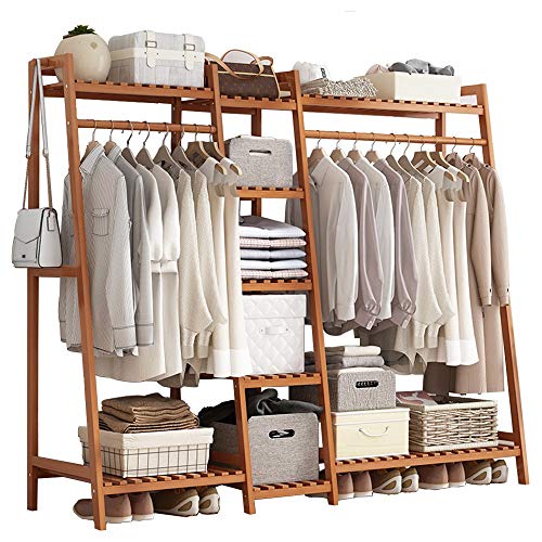 GWLGWL Kleiderstander Holz Natur, Garderobenständer Bambus für Schlafzimmer Flur Wohnzimmer mit 9 Ablagen 1 Haken 2 Kleiderstangestab, Belastbarkeit 220lb 160cm L