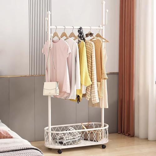Generisch Rollbarer Kleiderständer mit Rädern, robuster Kleiderständer aus Metall mit Aufbewahrungskorb, moderner beweglicher Garderobenständer für Schlafzimmer und Boutique – 80 cm, Weiß