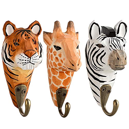 3 Wandhaken Garderobehaken Kleiderhaken aus Holz Giraffe, Zebra, Tiger mit Metallhaken handgearbeitet 13 cm Kinderzimmer