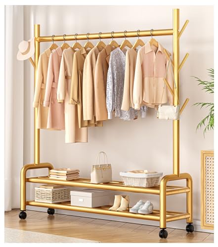 Generisch Rollbarer Kleiderständer aus goldfarbenem Metall mit Rädern, Kleider-Organizer mit 2 Ablagen, robuste Kleiderstange für Schlafzimmer und Waschküche, Tragkraft 80 kg, 60 x 37 x 165 cm