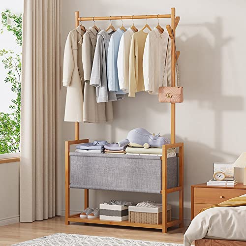Kleiderständer Bambus Klappbar Garderobenständer Mit Schuhablage Kleiderstange Haken Für Schlafzimmer Kleiderstand Bambus Flur Wohnzimmer Mehrzweck (60cm, 90cm)