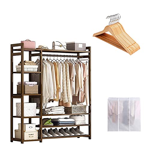 ZLECB Kleiderstange Holz,garderobenständer Kleiderständer für Offenen Kleiderschrank Kleiderschrank mit Regalen Aufbewahrungsorganizer (mit Schutzhülle + Kleiderbügel)