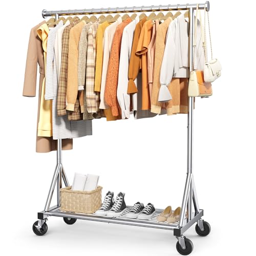 Sakugi Kleiderständer auf Rollen – Robuste Kleiderstange aus Edelstahl mit Mesh-Regal, multifunktionaler Garderobenständer für Schlafzimmer, Wäscheraum, Laden, 110 x 42 x 163,3 cm, Silbern