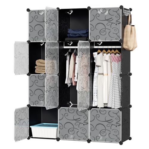 Herrselsam DIY Kleiderschrank Regalsystem 12 Würfel Garderobe Kleiderschrank Offen Kunststoff Garderobe mit Türen Garderobenschrank mit Kleiderbügel & Kleiderhaken(Schwarz 140x105x35CM)