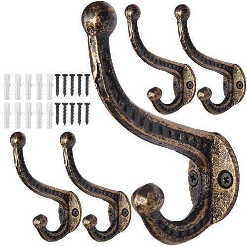 WEBI Kleiderhaken Wand Gusseisen,Garderobenhaken Vintage,Metall Wandhaken Rustikal,Mantelhaken,Huthaken,Doppelhaken für Mantel,Jacken,Hut,Schwarz/Golden,5 Stück
