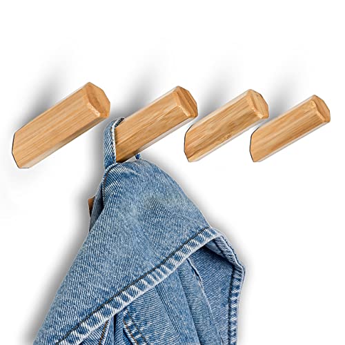 VELONT Bambus Holzhaken 4er Set - Wandhaken in modernem Design, vielseitig verwendbar als Garderobenhaken, Handtuchhaken, Jackenhaken, Vintage Kleiderhaken inkl. Gratis Montagekit