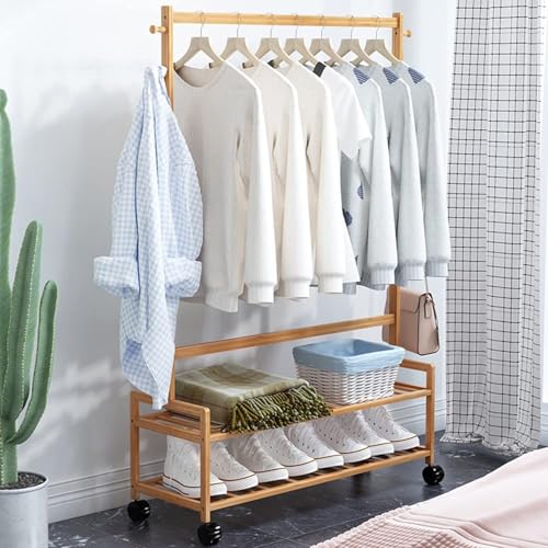 THEGA Kleiderständer Mit Regalen - Rollbarer Kleider-Organizer Aus Holz, Kleiderstangen Für Schlafzimmer, Robuste Offene Garderobe, Garderobenständer, Multifunktionaler Kleiner Kleiderschrank