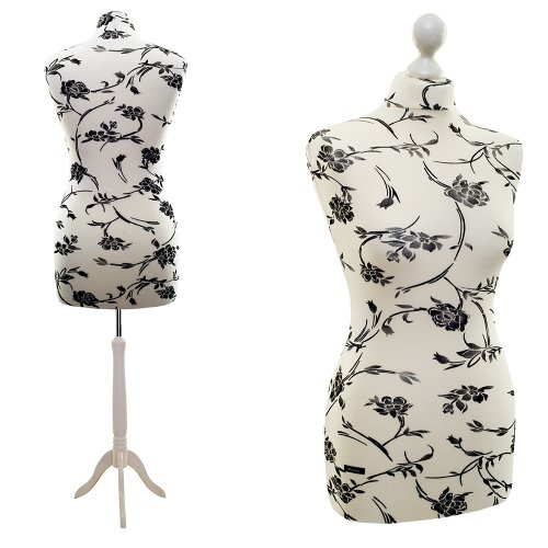 LUCCESI Schneiderpuppe | Damen | Größe/Size: von 34-36 bis 44-46 | Schneiderbüste M/L (38-40) | Bezug Creme/florales Muster (schwarz) | Standfuss Weiss