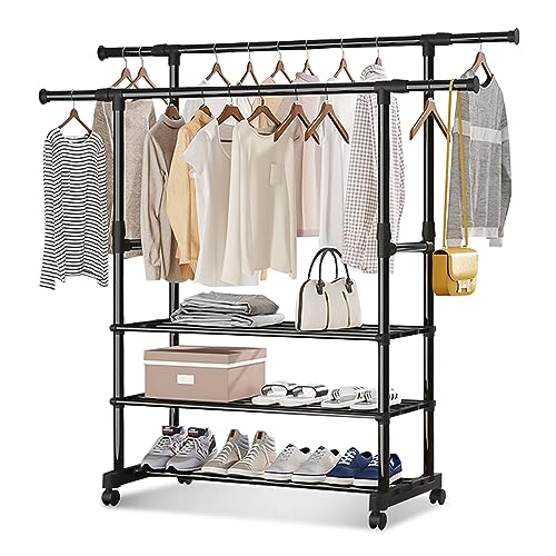 MONKLE - Kleiderstange,Kleiderständer,Kleiderständer auf rollen,Kleiderständer stabil mit 3 Lagen Staufächer,Doppelte Kleiderstange ausziehbar