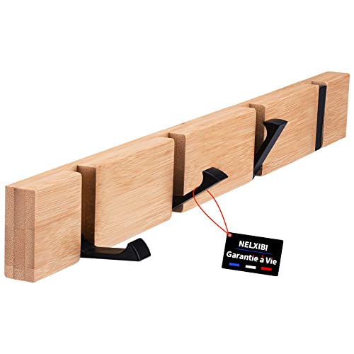 NELXIBI 4 Stück Garderobenhaken Wandmontage, Bambus Garderobenleiste, Versenkbare Kleiderhaken, Wandgarderobe, Garderobenhaken Holz Geeignet für Schlafzimmer, Hüte, Schals, Regenschirme, Schlüssel