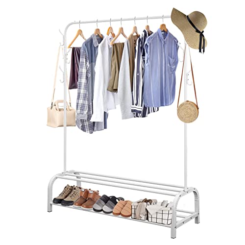 Youyijia Kleiderständer Stabil Metall Kleiderstange Freistehender Kleiderbügel Mit Ablage Schlafzimmer Single Pole Kleideraufbewahrung Mit 2-Stufiger Storage Shelf Und 6 Haken Bügel (Weiß)