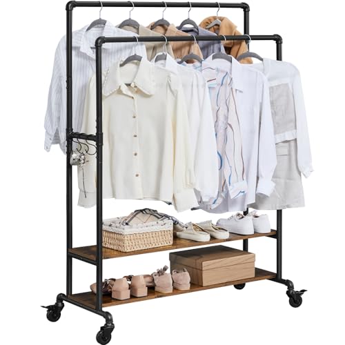 Yaheetech Kleiderständer mit 2 Kleiderstangen, 2 Ablagen und 6 Haken Garderobenständer auf Rollen Metall Garderobe für Schlafzimmer/Flur/Eingangsbereich, bis 90 kg belastbar, 100 × 45 × 161,5 cm