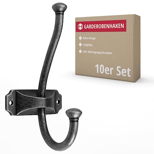 Gedotec Garderoben-Haken aus Metall | 10 Stück | Oberfläche: Silber antik - Länge: 134 mm - Breite: 66,5 mm | ANTON | Vintage Stil | Kleiderhaken für zu Hause | Garderobenleiste