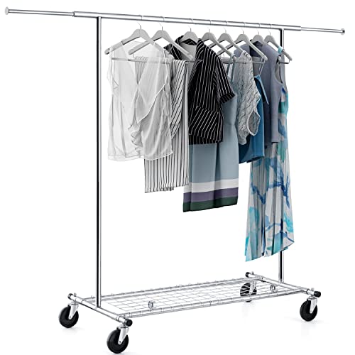 Tatkraft Duncan - Schwerlast Kleiderständer, auf Rädern + Schuhregal, 100Kg Traglast, Montage in 1 min, ausziehbare 128-189x56x143-169cm, Chrome Stahl