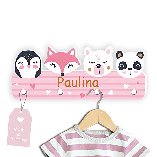 Kindsblick Garderobe mit Wunschname inkl. DIN A4 Poster - Personalisierte Kindergarderobe mit 4 Kleiderhaken für Kinder (Tierträume rosa)