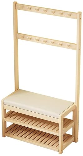 BICIBO Massivholzgarderobe mit Schuhwechselbank,14 Haken,doppelschichtiger Schuhständer,Kleiderstange,Kleiderbügel,einfache Montage,Schlafzimmer-Veranda,Arbeitszimmer,Balkon,Korridor,Wohnzimmer 84