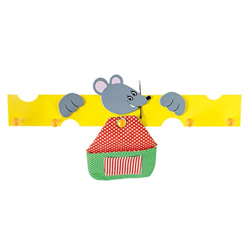 Bieco Holz Kindergarderobe Maus mit Käse | 5 Garderobenhaken | Kinder Kleiderhaken | Holzgarderobe für Kinderzimmer | Garderobenleiste Holz bunt | wardrobe | Jackenhalter | Wandgarderobe