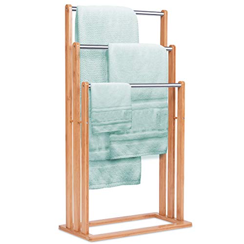COSTWAY Handtuchständer Bad, Badehandtuchständer freistehend, Handtuchhalter Badetuchhalter Badehandtuchhalter mit 3 Handtuchstangen, Standhandtuchhalter aus Bambus + Edelstahl, 46 x 24 x 82 cm