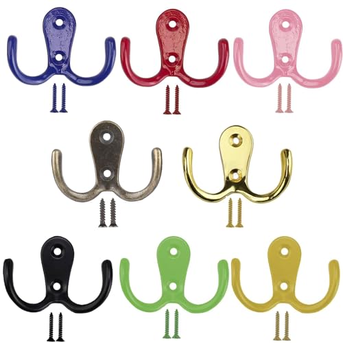 Taiyyi 8 Stück Bunt Kleiderhacken Vintage Doppelt Wandhaken Garderobenhaken Vintage mit Schrauben Kleiderhaken für Bad Küche Büro Tür Schlafzimmer Kleiderschrank