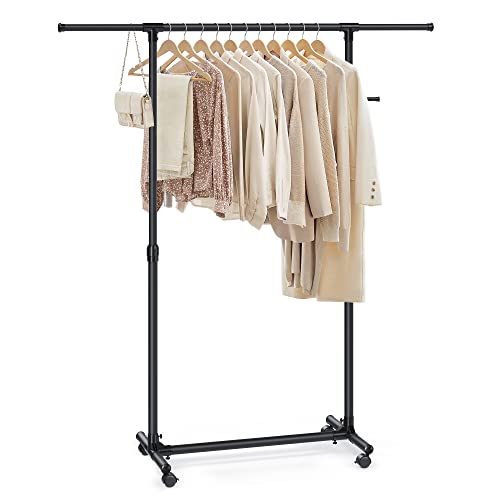 SONGMICS Kleiderständer auf Rollen, Kleiderstange, höhenverstellbar zwischen 97 und 165 cm, ausziehbare Garderobenstange, Garderobenständer, seitliche Haken für Accessoires, schwarz LLR001B01