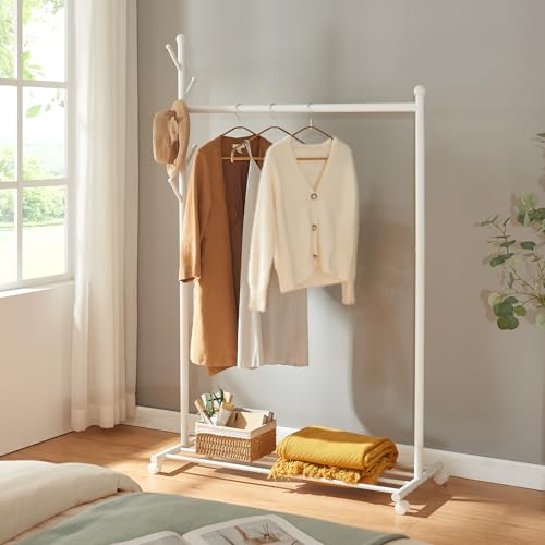 [en.casa] Rollbarer Garderobenständer Snåsa Kleiderständer auf Rollen mit Gitterablage für Schuhe Kleiderstange und 5 Kleiderhaken 170x105x43 cm Weiß