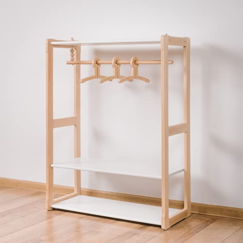 WOODJOY ® Kindergarderobe mit Ablage und Kleiderhaken - Kleiderständer Kinder aus Holz - Kleiderstange für Kinder bis 7 Jahre - Garderobe für das Kinderzimmer einfach aufzubauen (Weiß)