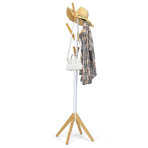 HOMASIS Bambus-Garderobenständer mit 6 Haken, Baum, jeder Kleiderbügel kann 5 kg tragen, Kleiderständer für Kleidung, Jacken, Hüte, Taschen, 55 x 55 x 179 cm, Weiß