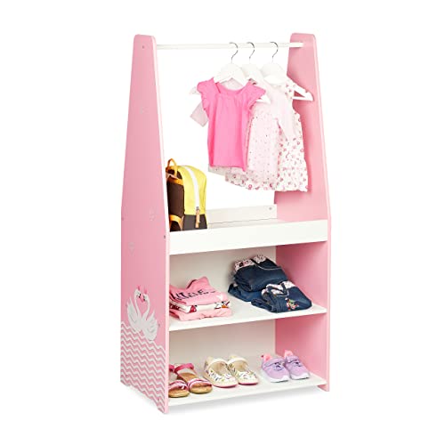 Relaxdays Kleiderständer Kinder, HxBxT: 120 x 60 x 40 cm, Kleiderstange, 3 Fächer, Garderobe Kinderzimmer, rosa/weiß