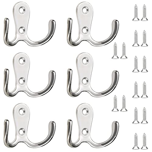 Redamancy Doppelzinken Kleiderhaken, 6 Stück Silber Garderobenhaken mit 16 pcs Schraubstange, Vintage Kleiderhaken Haken für Badezimmer Schlafzimmer Garten Garderobe Schrank