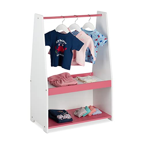 Relaxdays Kleiderständer Kinder, Kleiderstange & 2 Ablagen, HxBxT: 90 x 60 x 30 cm, Garderobe Kinderzimmer, weiß/rosa