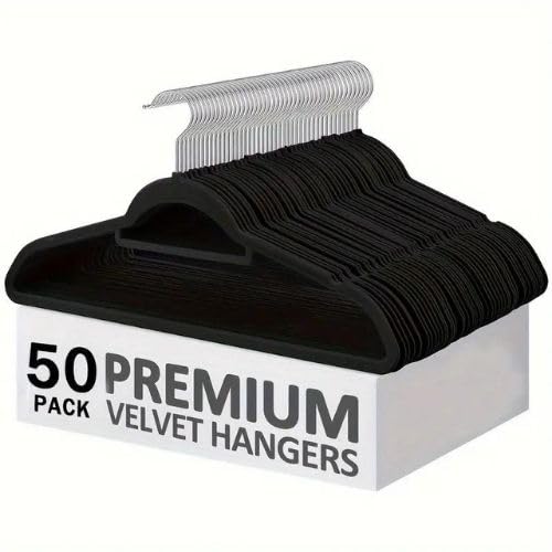 Tento Home Kleiderbügel 50 Stück- Kleiderbügel Samt - Anti-Rutsch-Kleiderbügel rutschfest Anzugbügel - Samtbügel inkl Krawattenhalter Kleiderbügel 360° Silver Rotation (50 STK. - kleiderbügel schwarz)