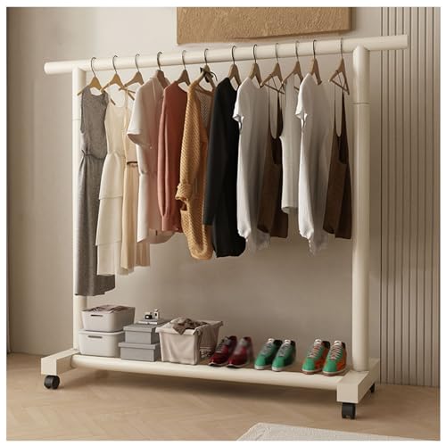Generisch Rollbarer Kleiderständer mit Rädern, cremefarbener Kleider-Organizer fürs Schlafzimmer mit Schuhregal, platzsparende Kleiderstange zum Aufhängen, 150 x 40 x 155 cm große Aufbewahrungslösung
