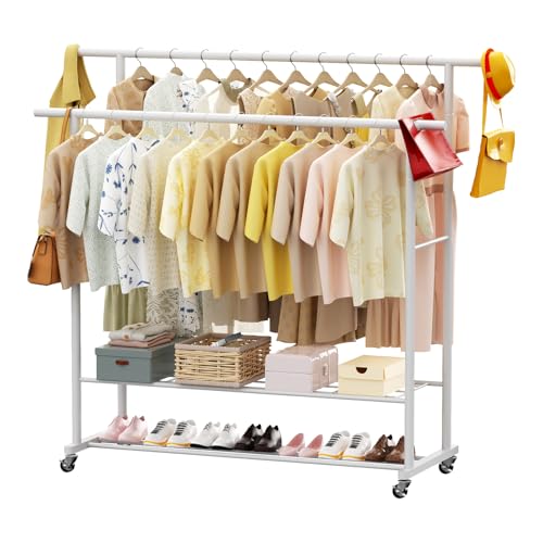 LOEFME Kleiderständer mit Rollen, Leicht zu Bewegender Kleiderstange, Stark Belastbarer Kleiderständer Stabil, 115 x 40 x 145 cm, Einfach zu Montieren,Weiß